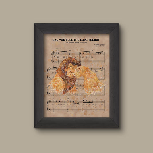 Lion King Poster, Simba and Nala Wedding Gift, Watercolor Can You Feel The Love Tonight Disney Sheet Music Art Print | Fine Art Print