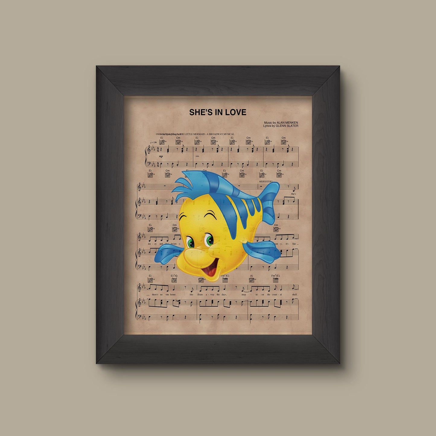 Disney Little Mermaid, Flounder She's In Love Sheet Music Art Print | Fine Art Print
