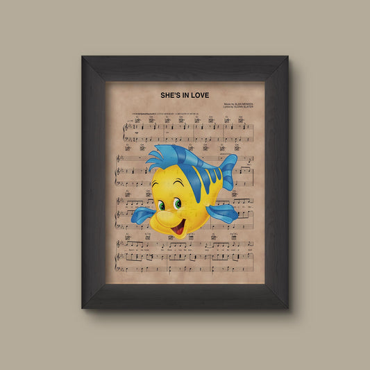 Disney Little Mermaid, Flounder She's In Love Sheet Music Art Print | Fine Art Print