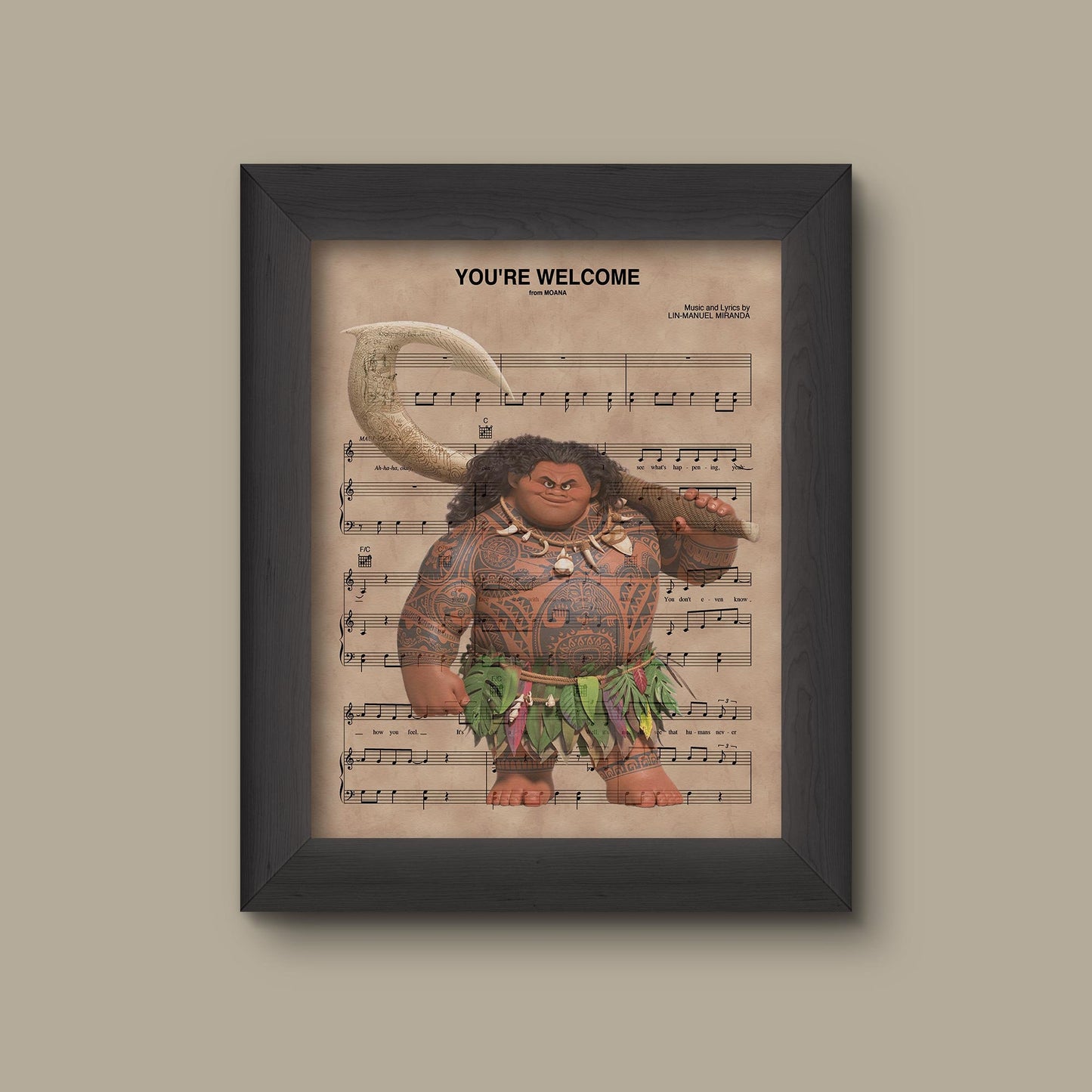 Disney Moana Maui You're Welcome Sheet Music Art Print Gift, Disney Wedding Gift, Wall Decor, Sheet Music Art Print | Fine Art Print