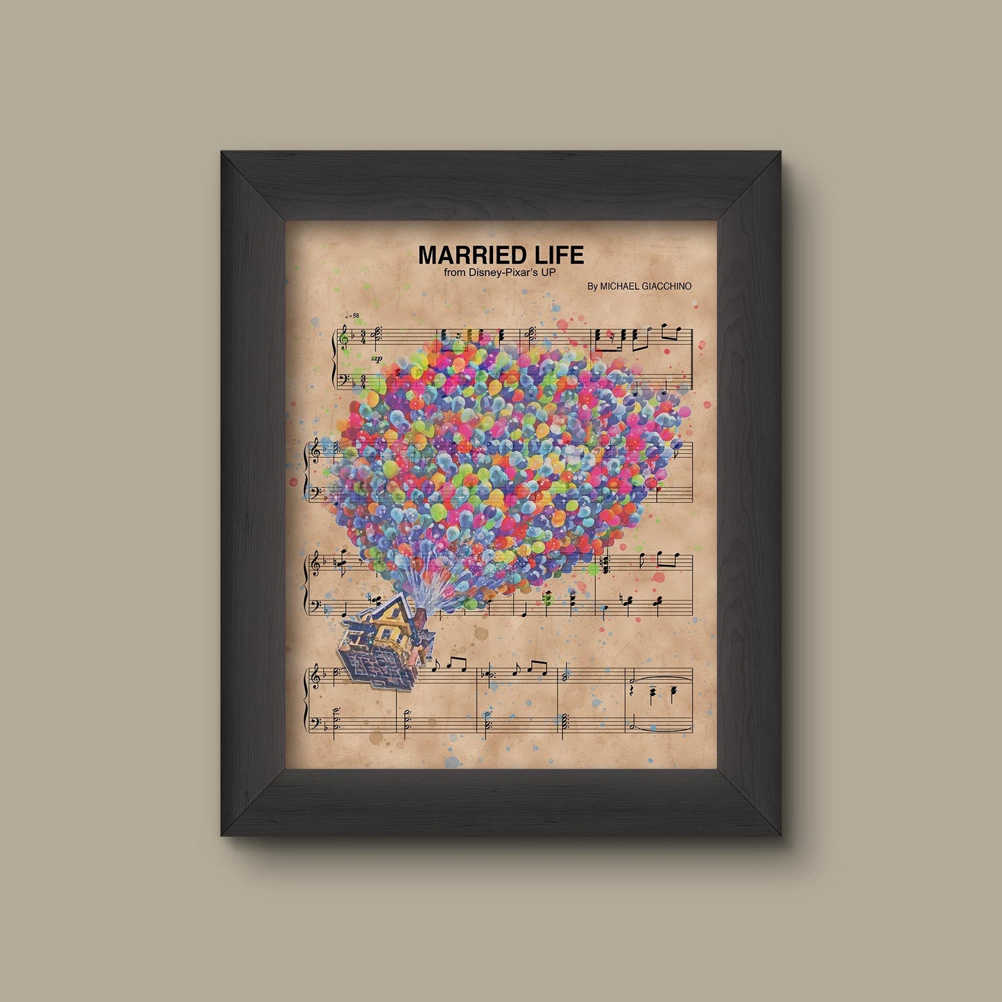 UP Watercolor House and Balloons, Married Life Sheet Music Art Print, Disney Nursery Gift, Disney Wall Decor | Fine Art Print