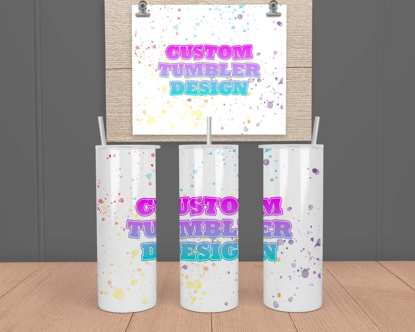 Custom Tumbler Designs 20 ounce oz stainless steel cup with plastic lid and straw | Insulated Tumbler