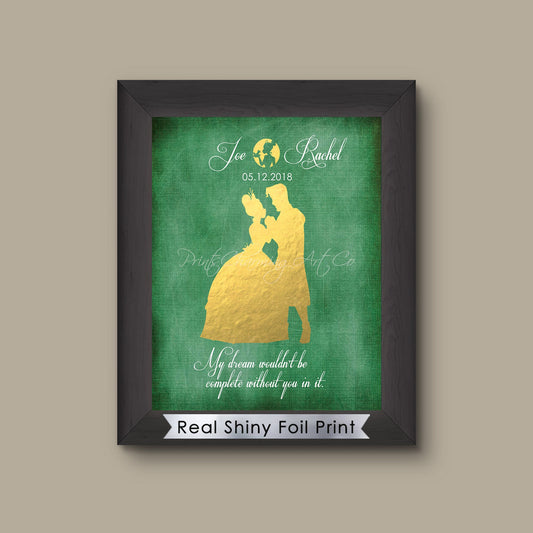 Disney Princess and the Frog Tiana and Naveen Foil Art Print, Wedding Gift, Anniversary Gift, Wedding Sign, Disney Princess, Disney Bride. | Metallic