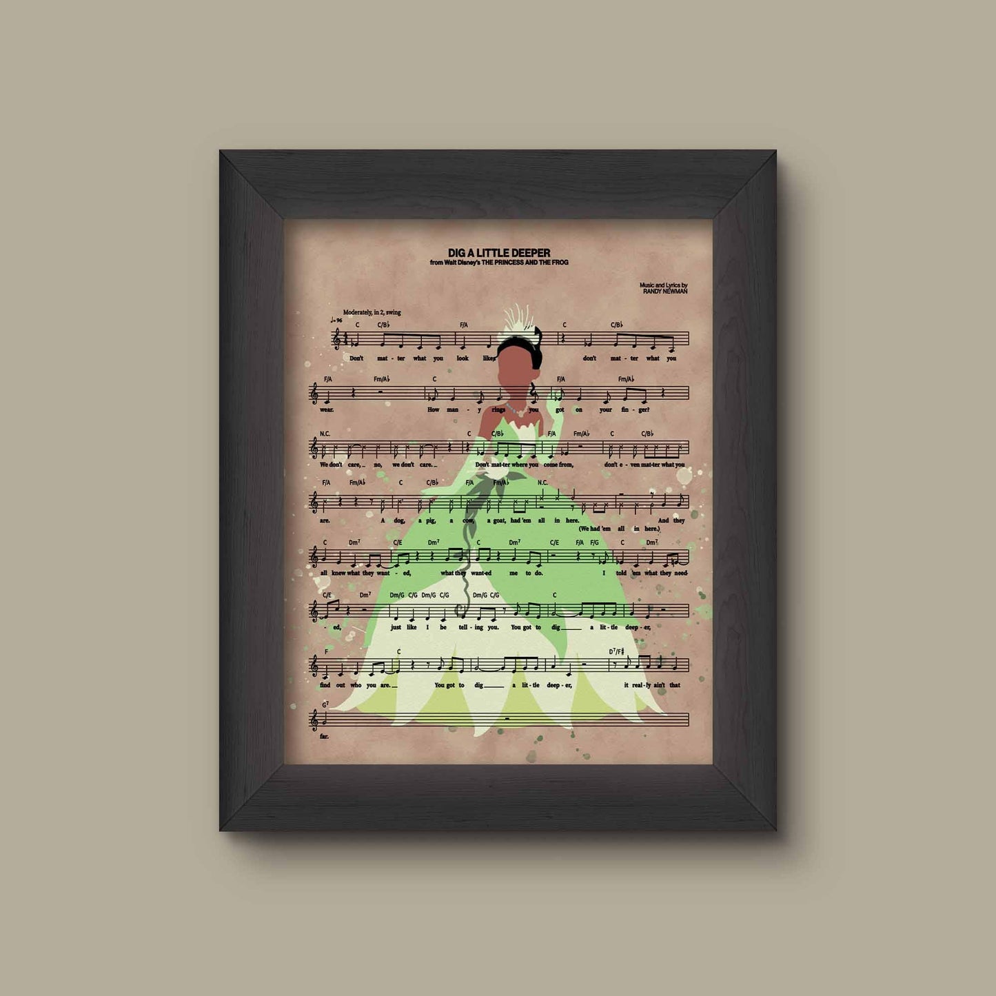 Princess and the Frog Tiana Watercolor Dig a Little Deeper Sheet Music Art Print | Fine Art Print