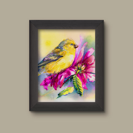 Goldfinch on Dahlia Art Print – Watercolor Yellow Bird and Pink Flower Wall Art | Botanical Nature Decor | Vibrant Garden Bird Illustration | Fine Art