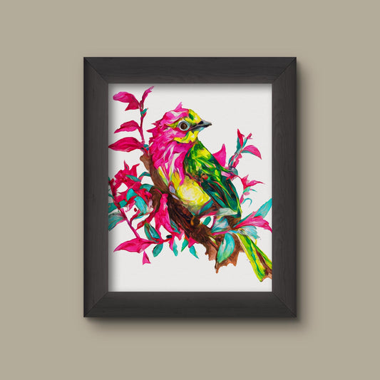Tropical Bird Art Print – Vibrant Watercolor-Inspired Green and Pink Bird Illustration | Colorful Jungle Wall Decor | Fine Art Print