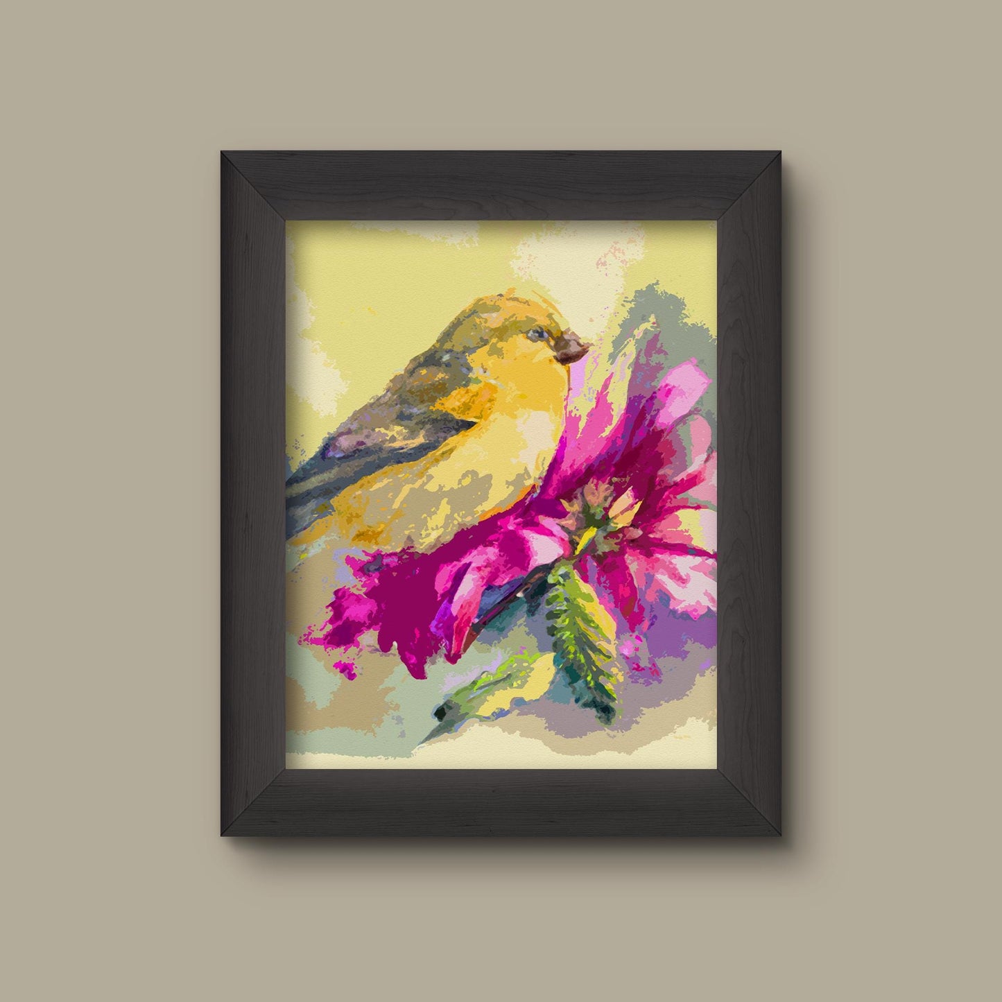 Goldfinch on Dahlia Art Print – Watercolor Yellow Bird and Pink Flower Wall Art | Botanical Nature Decor | Vibrant Garden Bird Illustration | Fine Art
