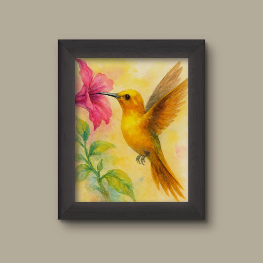 Yellow Hummingbird Watercolor Art Print – Tropical Floral Wall Decor | Fine Art Print