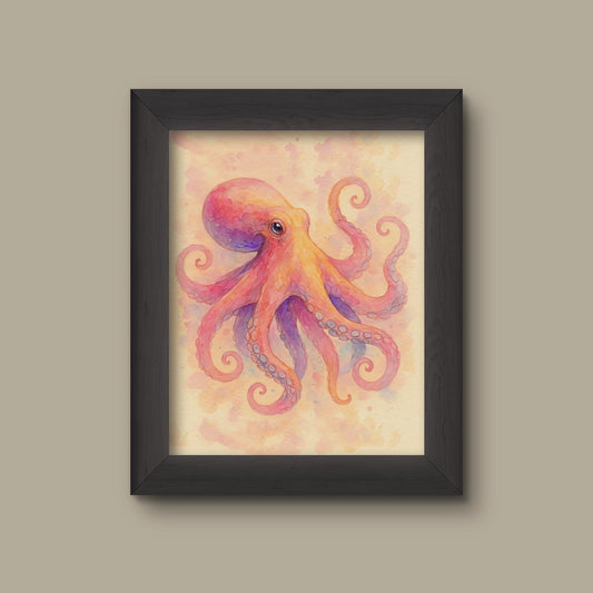 Vintage Octopus Watercolor Art Print – Coastal Ocean Wall Decor | Fine Art Print