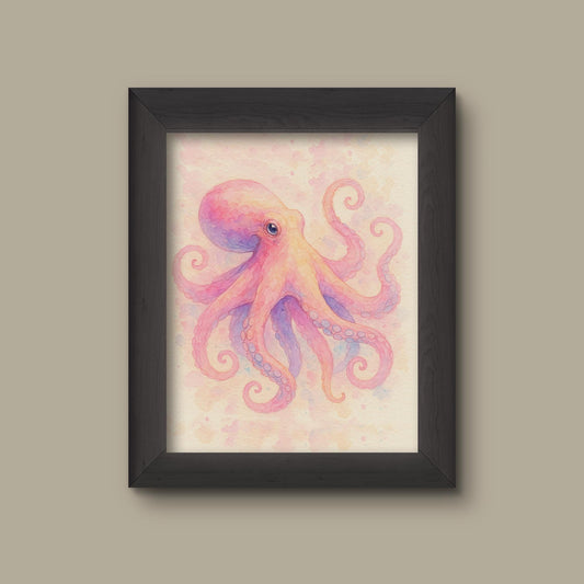 Vintage Light Pink Octopus Watercolor Art Print – Animal Wall Decor | Fine Art Print