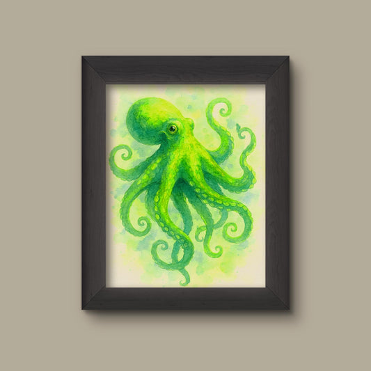 Green Watercolor Octopus Art Print – Coastal Marine Life Wall Decor | Fine Art Print