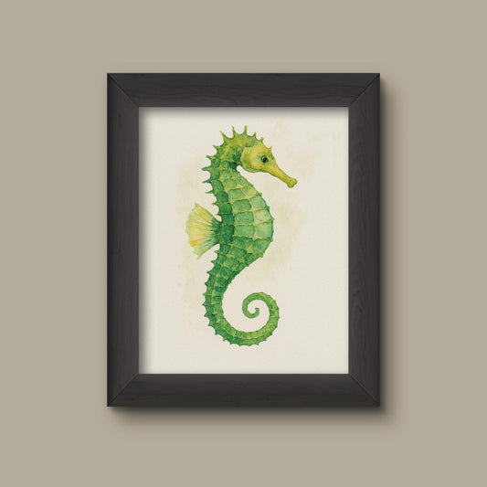 Green Sea horse Watercolor Print | Ocean Wall Art | Coastal Sea Life Decor | Fine Art Print