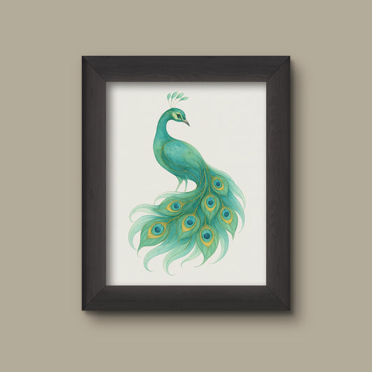 Green Watercolor Peacock Art Print | Fine Art Print