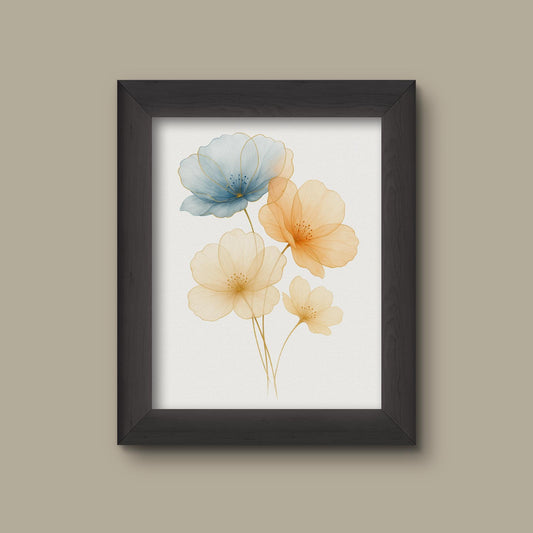 Blue and Gold Watercolor Floral Art Print | Abstract Flowers with Gold Outlines | Fine Art Print