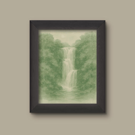 Green Waterfall Watercolor Art Print | Serene Nature Landscape Wall Decor | Tranquil Cool Tone Painting | Fine Art Print