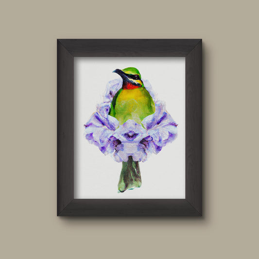 Bird in Bloom Art Print Green Bee-Eater with Purple Lisianthus Flower Dress | Watercolor Botanical Wall Art | Nature-Inspired Home Decor | Fine Art Pr