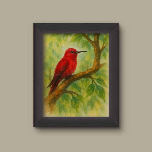 Red Hummingbird Watercolor Art Print – Bold Nature Wall Decor | Fine Art Print