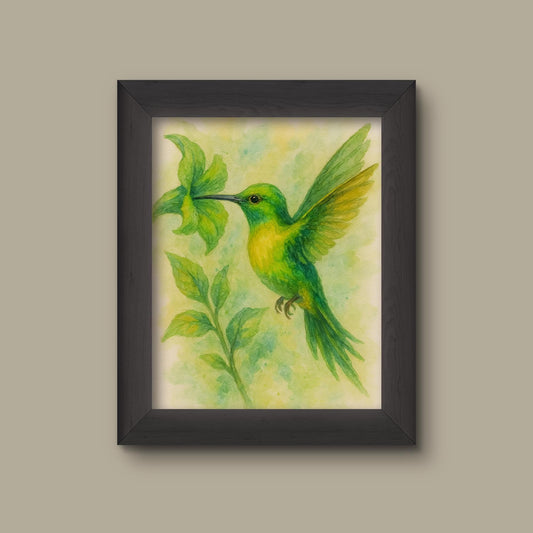 Green Hummingbird Watercolor Art Print – Botanical Bird Wall Decor | Fine Art Print