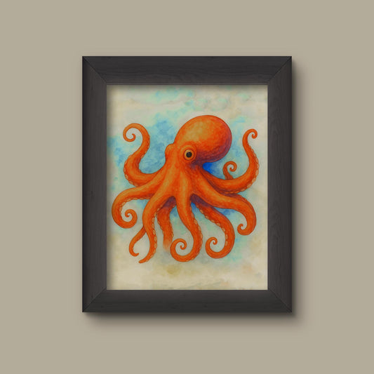 Bright Orange Watercolor Octopus Art Print – Coastal Ocean Wall Decor | Fine Art Print