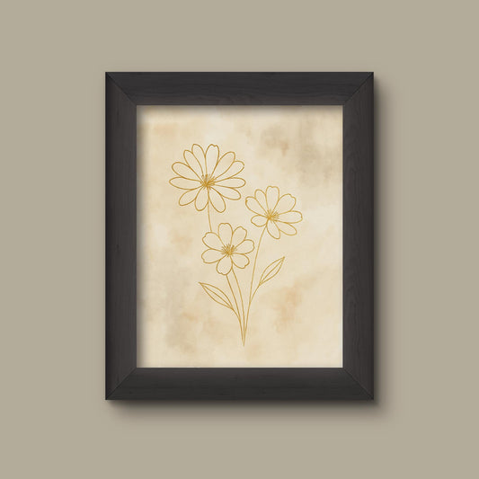 Minimalist Gold Outline Daisy Watercolor Art Print | Fine Art Print