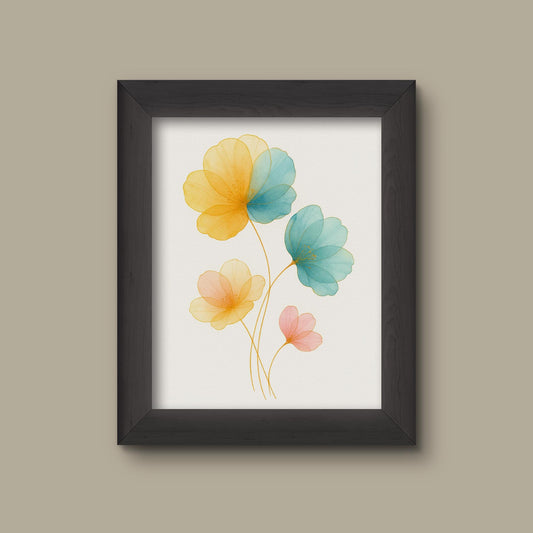 Yellow and Green Watercolor Floral Art Print | Abstract Flowers with Gold Outlines | Fine Art Print