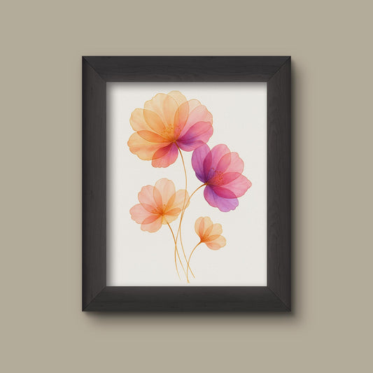 Pink and Orange Watercolor Floral Art Print | Abstract Flowers with Gold Outlines | Fine Art Print