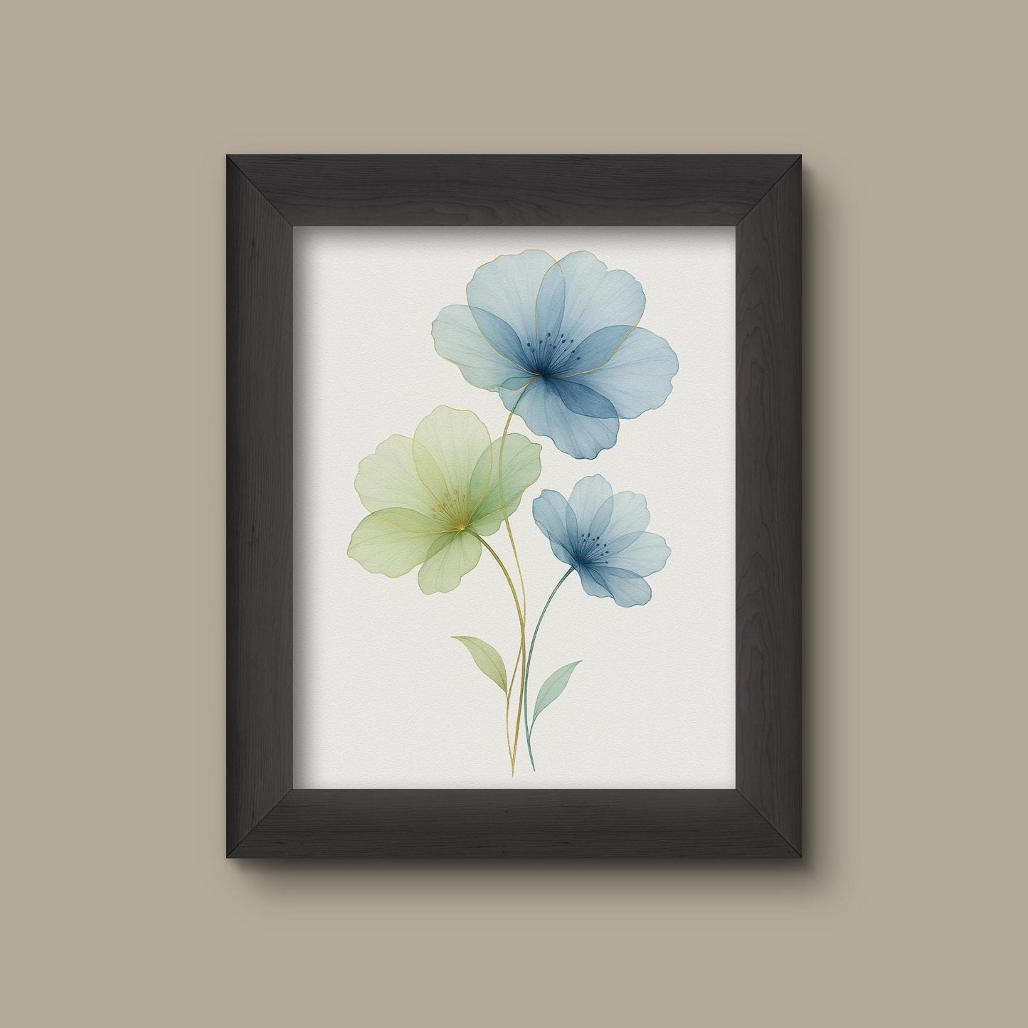Blue and Green Watercolor Floral Art Print | Abstract Flowers with Gold Outlines | Fine Art Print