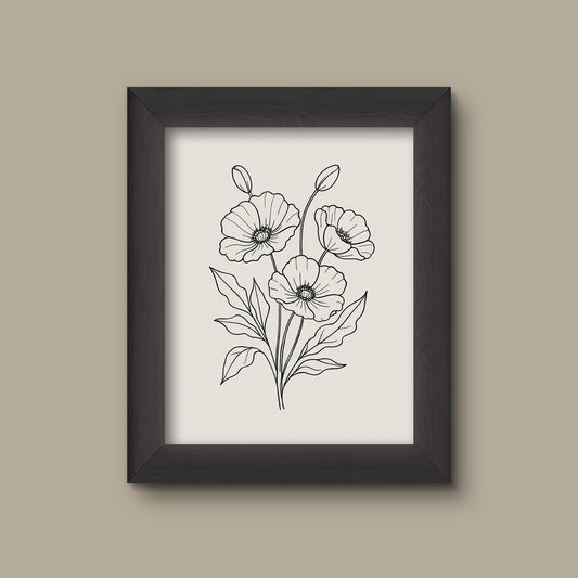 Minimalist Poppy Flower Line Art Print | Hand-Drawn Botanical Illustration | Modern Wall Decor | Fine Art Print
