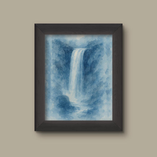 Blue Waterfall Watercolor Art Print | Serene Nature Landscape Wall Decor | Tranquil Cool Tone Painting | Fine Art Print