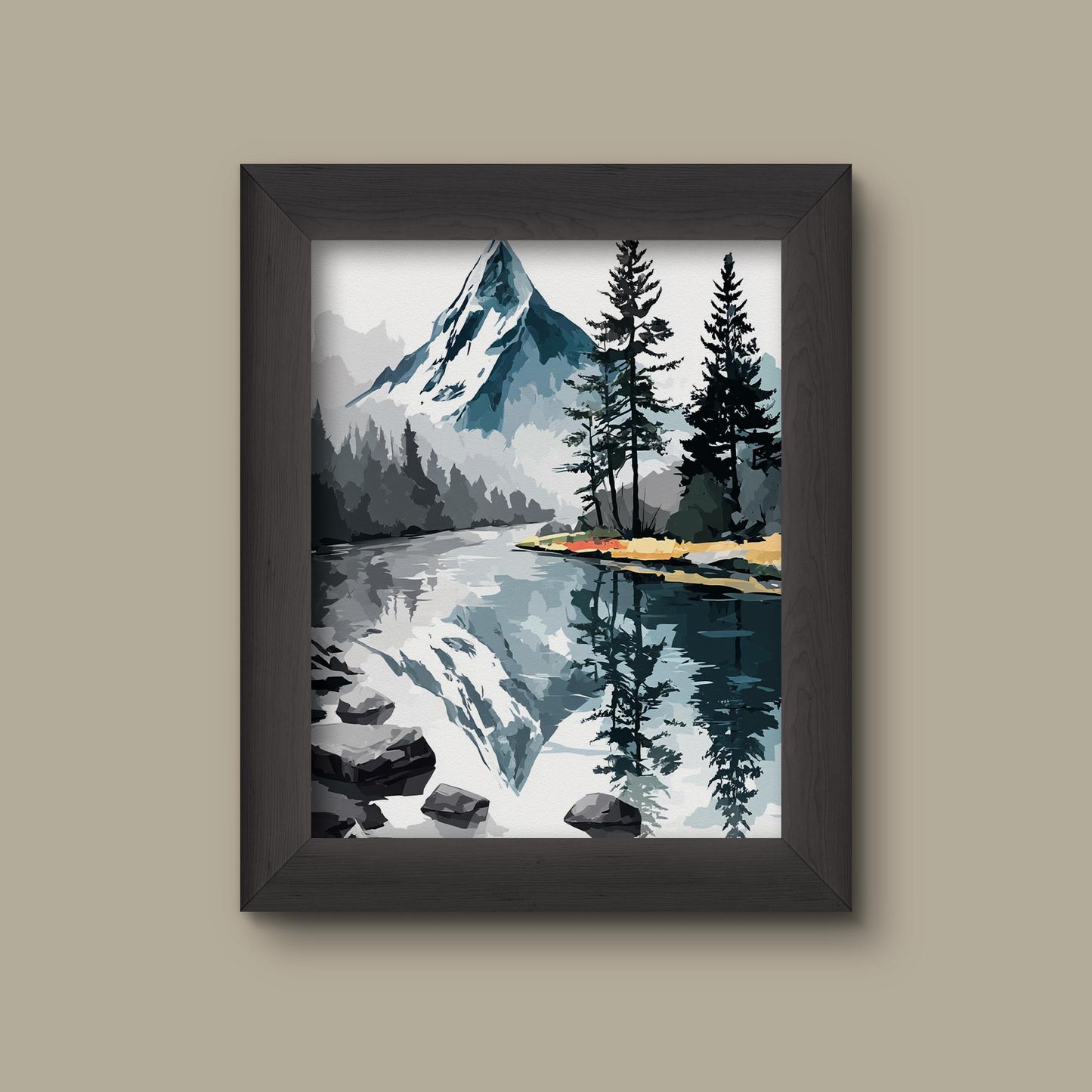 Mountain Lake Landscape Art Print | Modern Nature Wall Decor | Snowy Peak Reflection | Fine Art Print