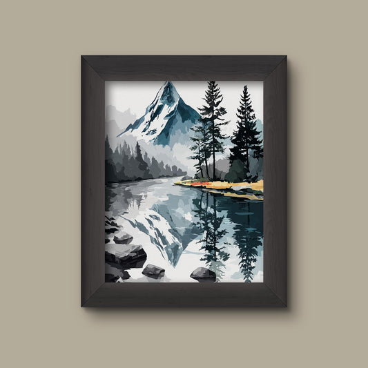 Mountain Lake Landscape Art Print | Modern Nature Wall Decor | Snowy Peak Reflection | Fine Art Print