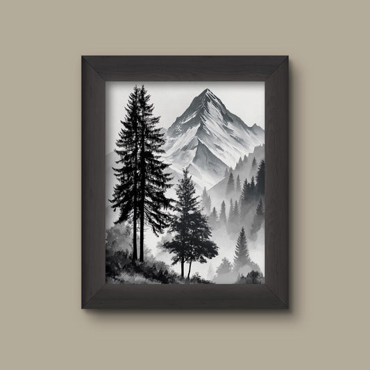 Black and White Mountain Landscape Art Print | Monochrome Forest Wall Decor | Misty Pines and Snowy Peaks | Fine Art Print