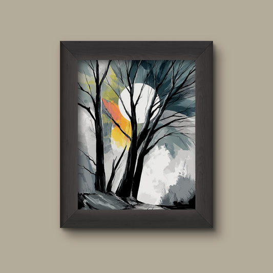 Dark Forest Art Print | Black and White Trees with Sun Illustration | Moody Nature Wall Decor | Fine Art Print