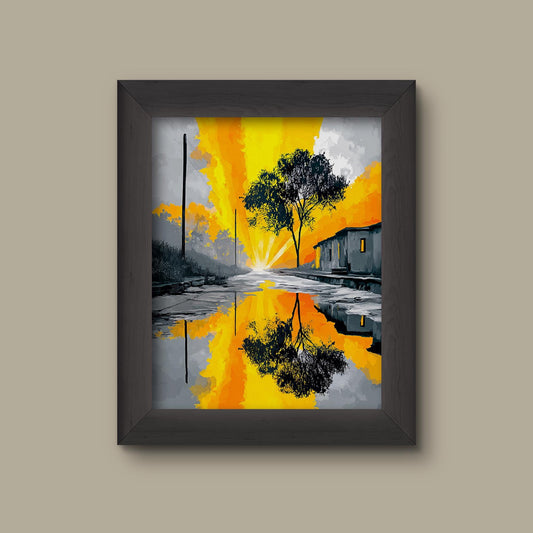 Urban Sunrise Art Print | Black and White Landscape with Yellow Reflections | Bold Modern Wall Decor | Fine Art Print