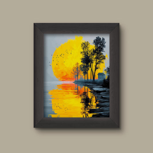 Golden Lake Sunset Art Print | Black and Yellow Tree Reflection Wall Decor | Modern Landscape | Fine Art Print