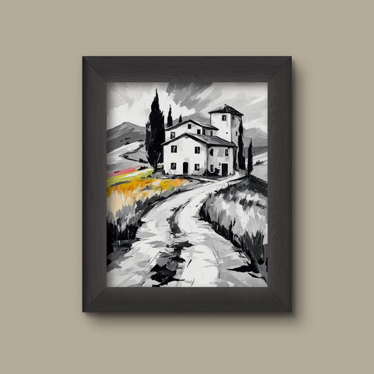 Tuscan Countryside Wall Art | Black & White Villa Landscape Print | Rustic European Decor | Fine Art Print