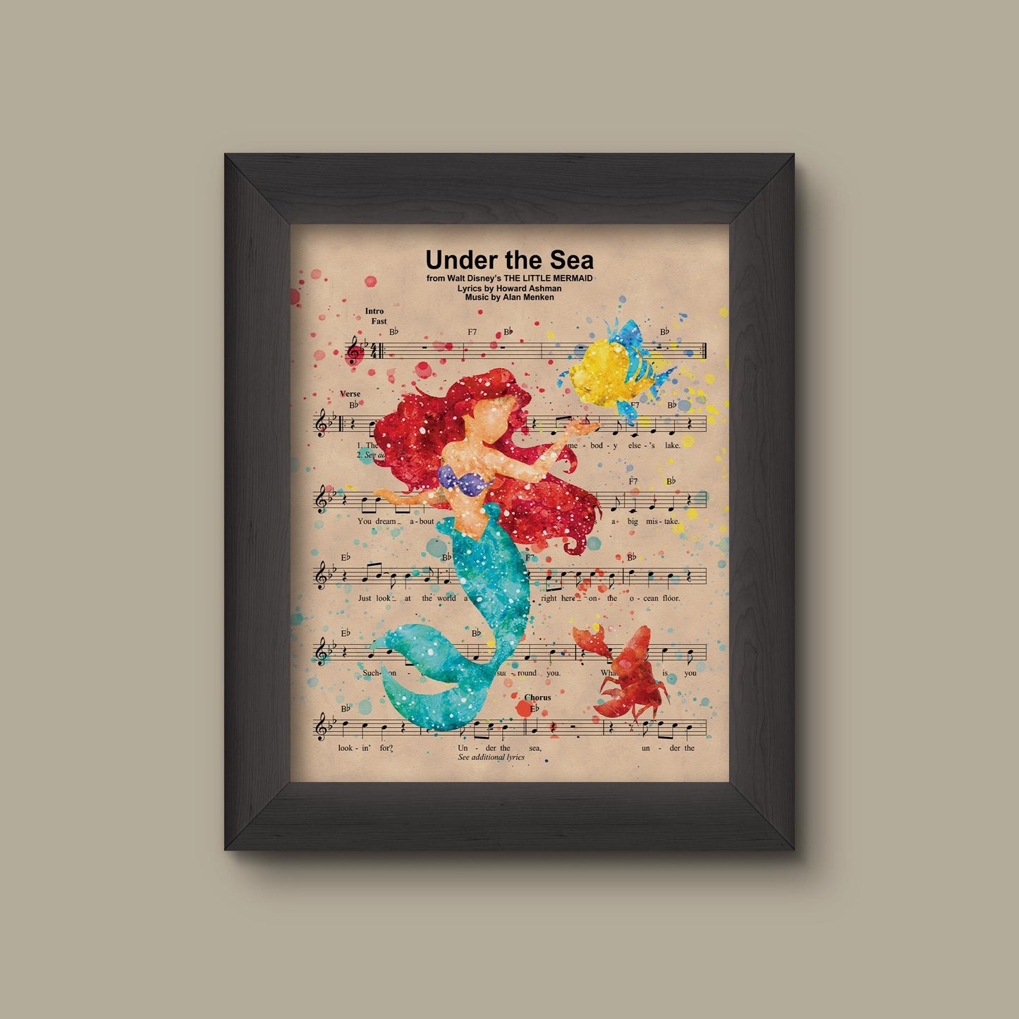 Disney Little Mermaid Watercolor Sheet Music Art Print, Little Mermaid Gift, Little Mermaid Art, Under The Sea Sheet Music Art Print | Fine Art Print