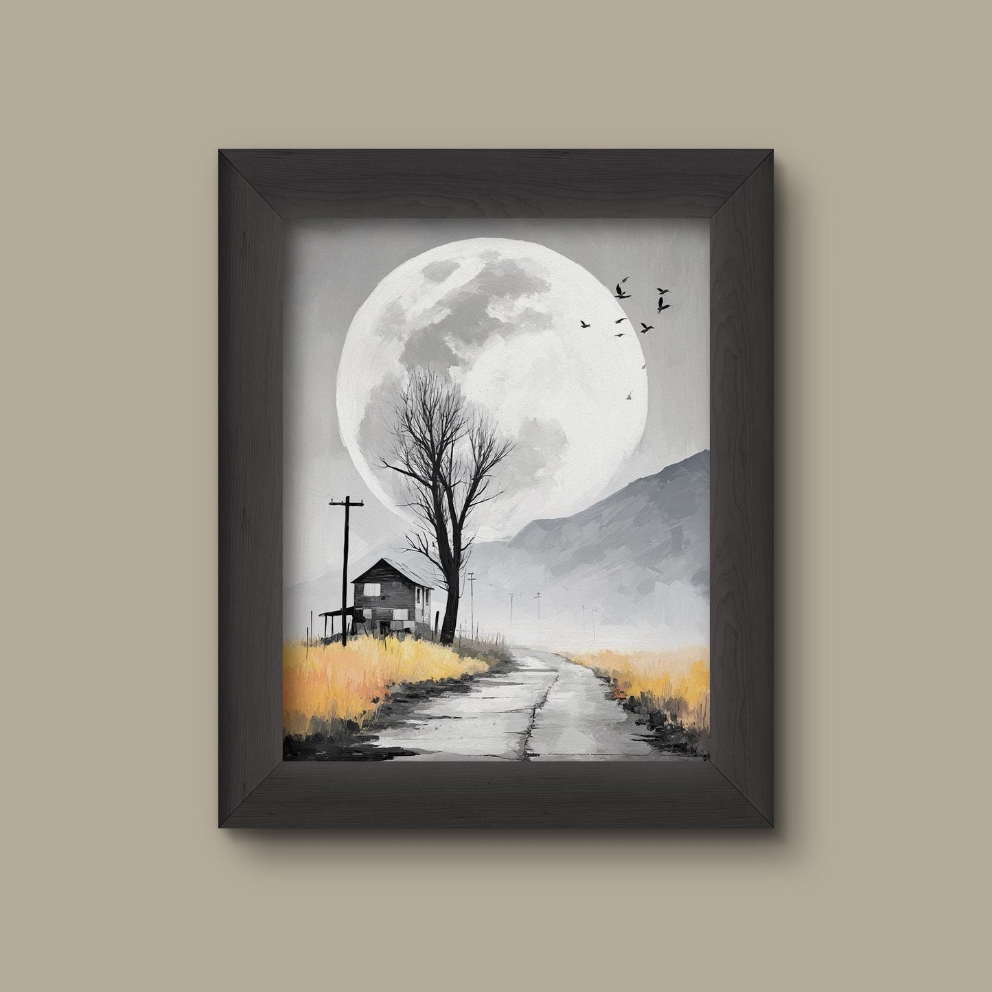 Haunted Country Road Under Full Moon – Black and White Rustic Landscape Wall Art Print | Fine Art Print