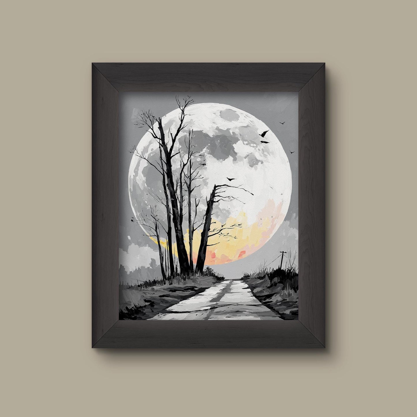 Moody Full Moon Landscape Wall Art | Black and White Forest Painting with Yellow Hues | Fine Art Print