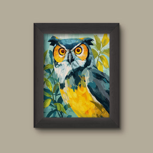 Bold Yellow and Blue Owl Art Print – Colorful Bird Wall Decor | Fine Art Print