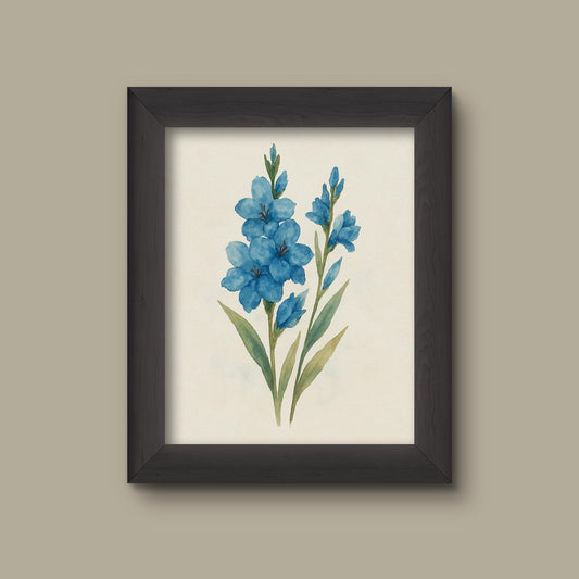 Blue Watercolor Gladiolus Art Print | Floral Wall Decor | Botanical Flower Painting | Fine Art Print