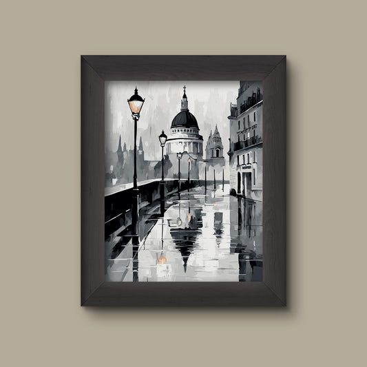 Black and White European City Street Art Print | Rainy Urban Landscape Illustration | Romantic Paris-Inspired Wall Decor | Fine Art Print
