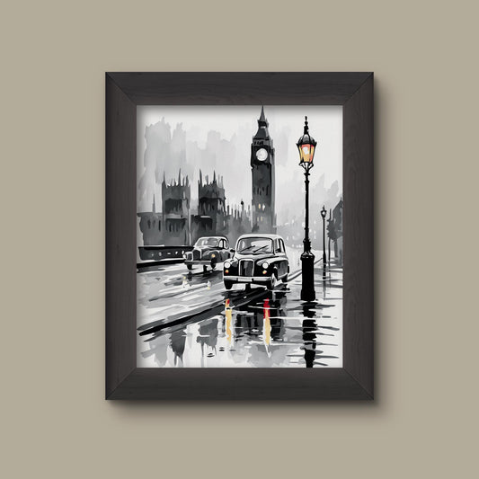 London Rainy Street Art Print | Black and White Big Ben Illustration | Classic Taxi & Lamplight Cityscape Decor | Fine Art Print