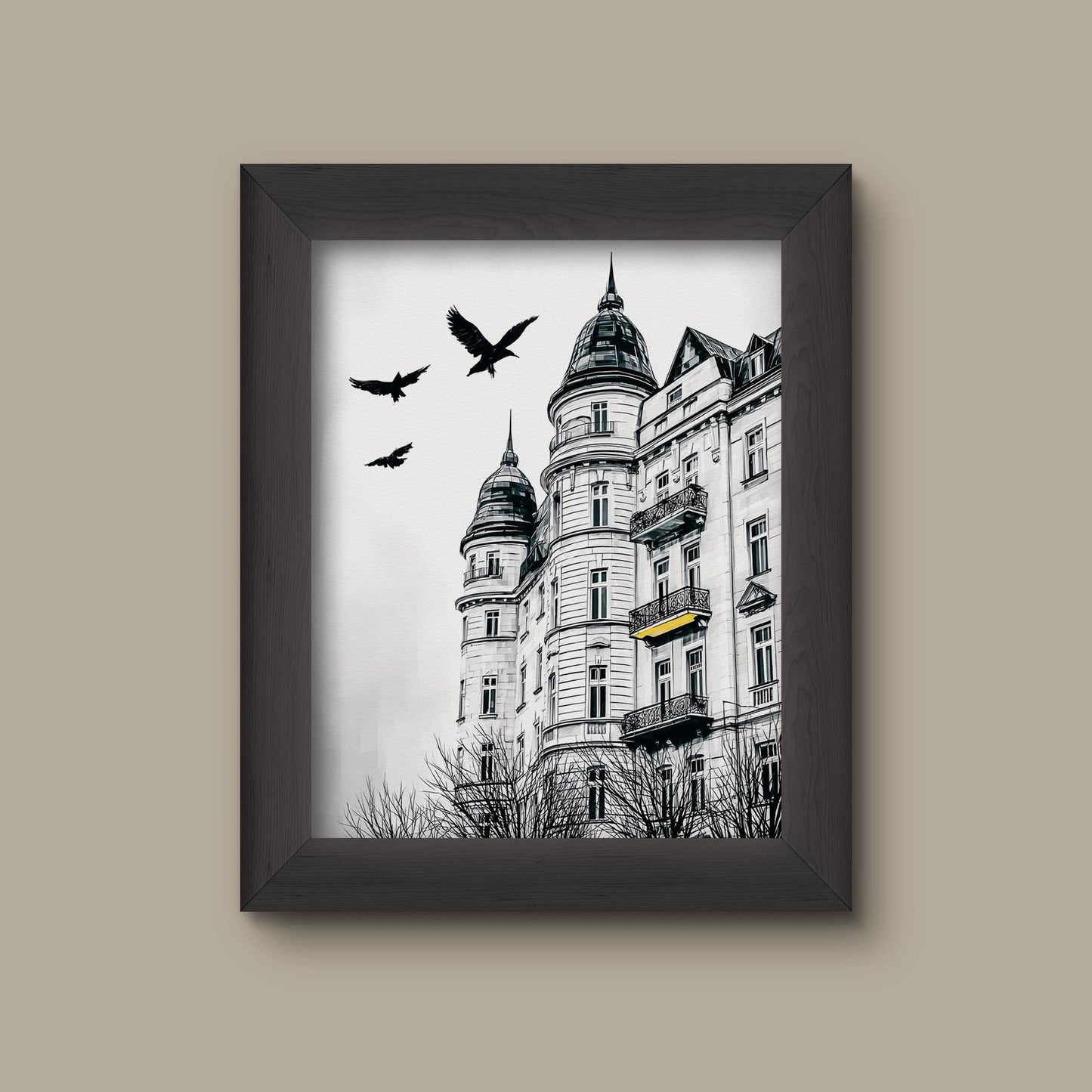 Black and White European Architecture Art Print | Gothic Building with Birds | Modern Minimalist Wall Decor | Fine Art Print