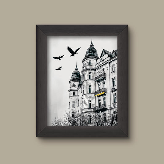 Black and White European Architecture Art Print | Gothic Building with Birds | Modern Minimalist Wall Decor | Fine Art Print