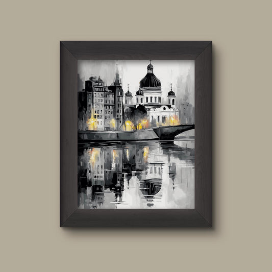 Black and White Cityscape Landscape Art Print | Eastern European Cathedral Illustration | Reflected Architecture with Glowing Street Lamps | Fine Art Print