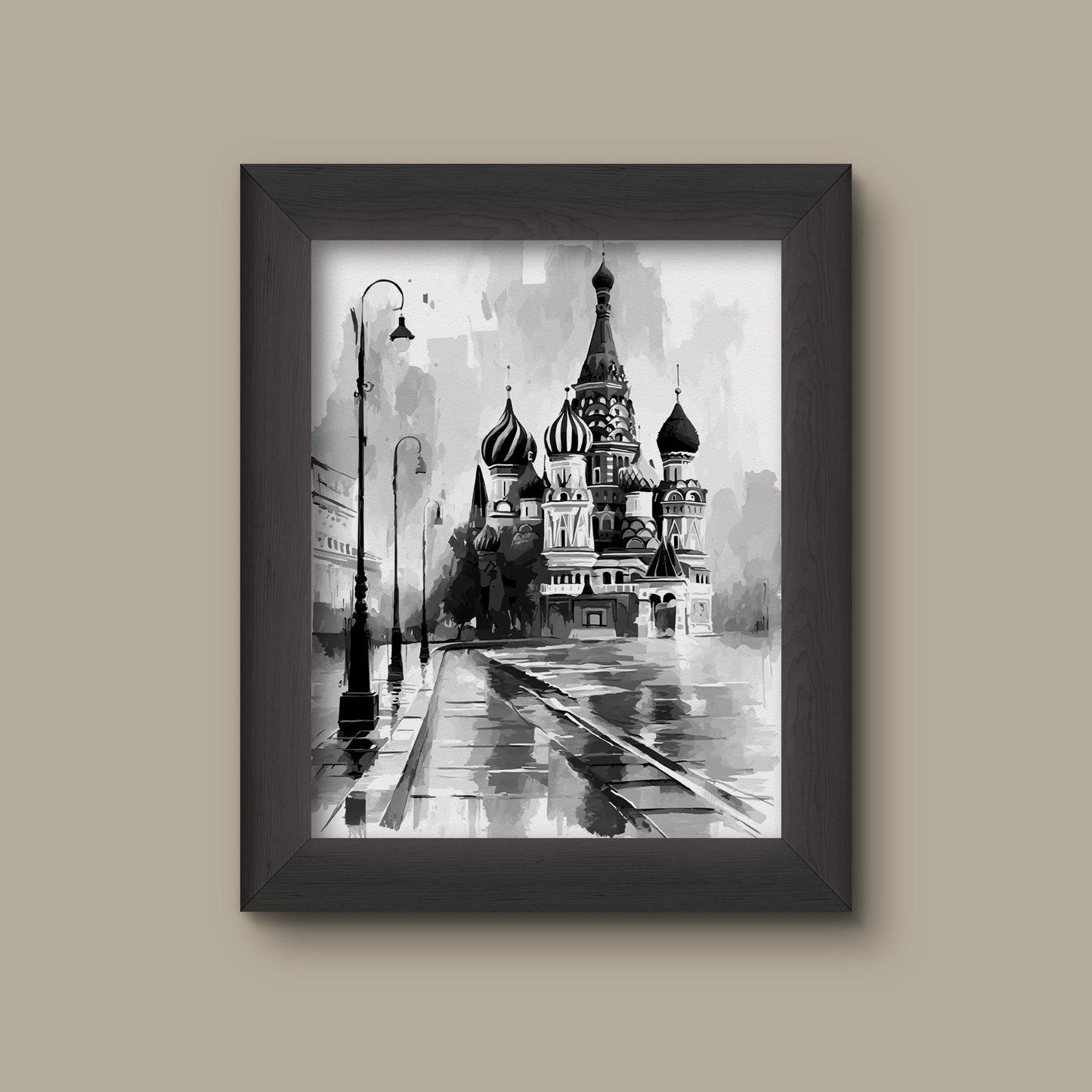 Saint Basil’s Cathedral Landscape Art Print | Black and White Moscow Landmark | Monochrome Cityscape with Rain Reflection | Fine Art Print