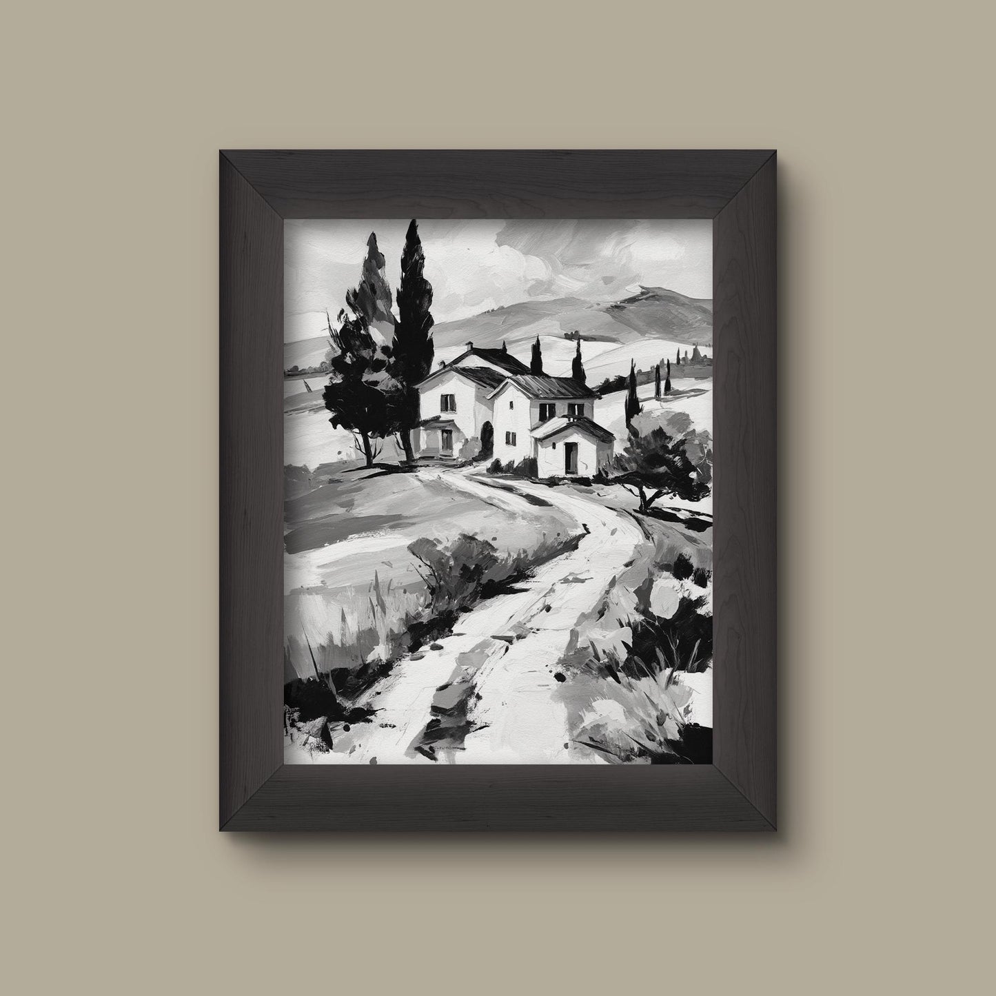 Black and White Tuscany Landscape Art Print | Italian Countryside Wall Decor | Minimalist Farmhouse Style | Fine Art Print