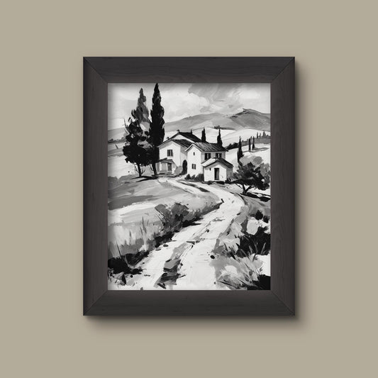 Black and White Tuscany Landscape Art Print | Italian Countryside Wall Decor | Minimalist Farmhouse Style | Fine Art Print
