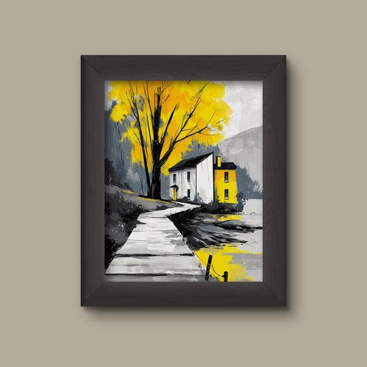 Yellow Tree and Cottage Art Print | Modern Landscape Wall Art | Black, White & Yellow Decor | Fine Art Print